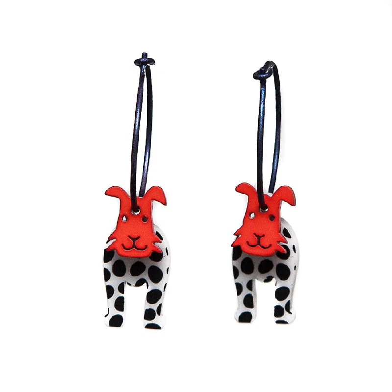 Ladies ornate chandelier earrings -Lene Lundberg K-Form Black and White Dog with Red Face Earrings