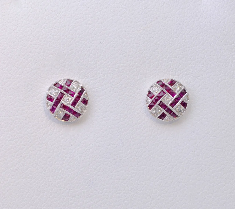 Ladies zen peace earrings -Ruby and Diamond Lattice Post Earrings in 18K White Gold