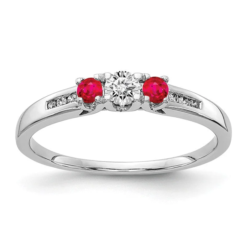 Ladies fanciful twist rings -14k White Gold Diamond & Ruby 3-Stone Ring