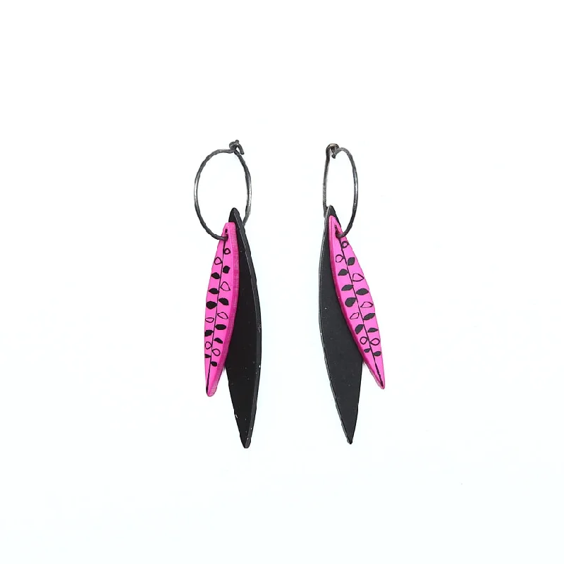 Ladies coin edge earrings -Lene Lundberg Pink and Black Double Leaf  Earrings