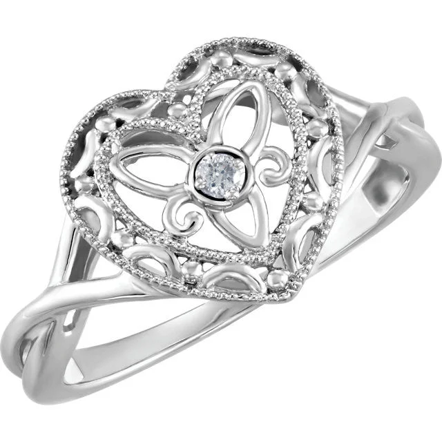 Ladies lightweight titanium rings -Sterling Silver Genuine Diamond Heart Crossed Band Filigree Ring