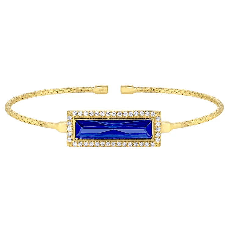 Ladies Bracelets with Stellar Gems-Gold Finish Sterling Silver Cable Cuff Bracelet with Rectangular Simulated Sapphire Stone and Simulated Diamonds