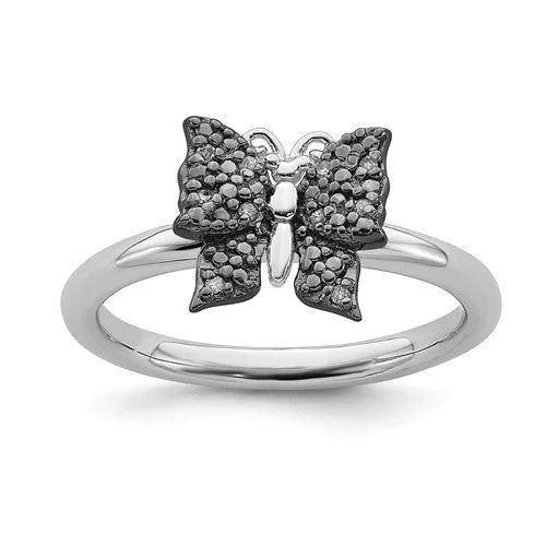 Ladies hexagon gleam rings -Sterling Silver Stackable Expressions Black Plated Diamond Butterfly Ring