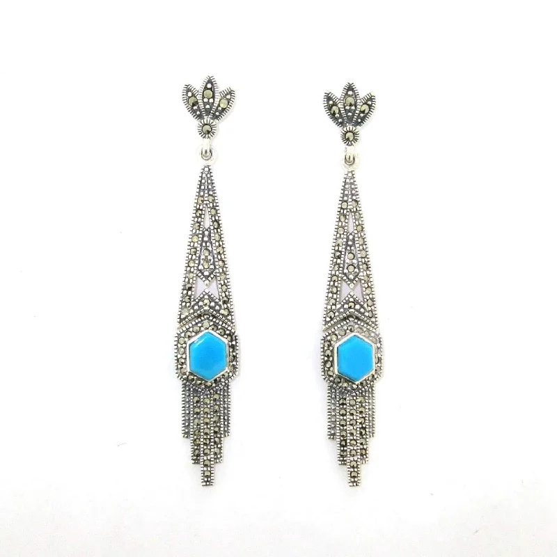 Ladies cosmic vision earrings -Art Deco Earrings Blue Turquoise Silver Marcasite