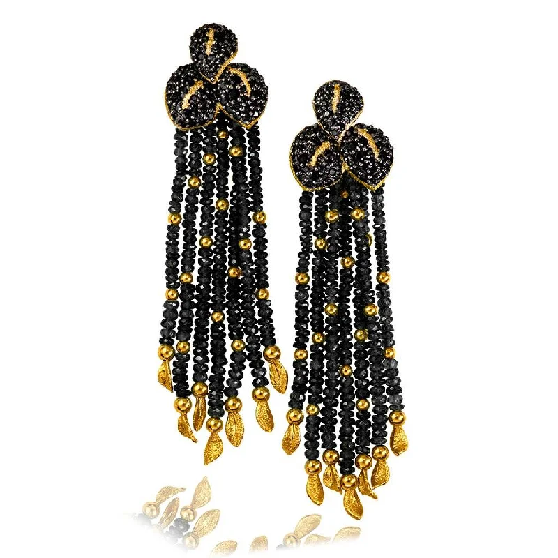 Ladies oceanic shell earrings -Gold Sunflower Leaf Tassel Earrings With Black Spinel