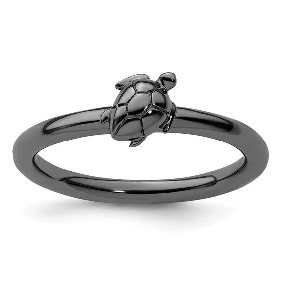 Ladies playful charm rings -Black-Plated Sterling Silver Stackable Expressions Turtle Ring