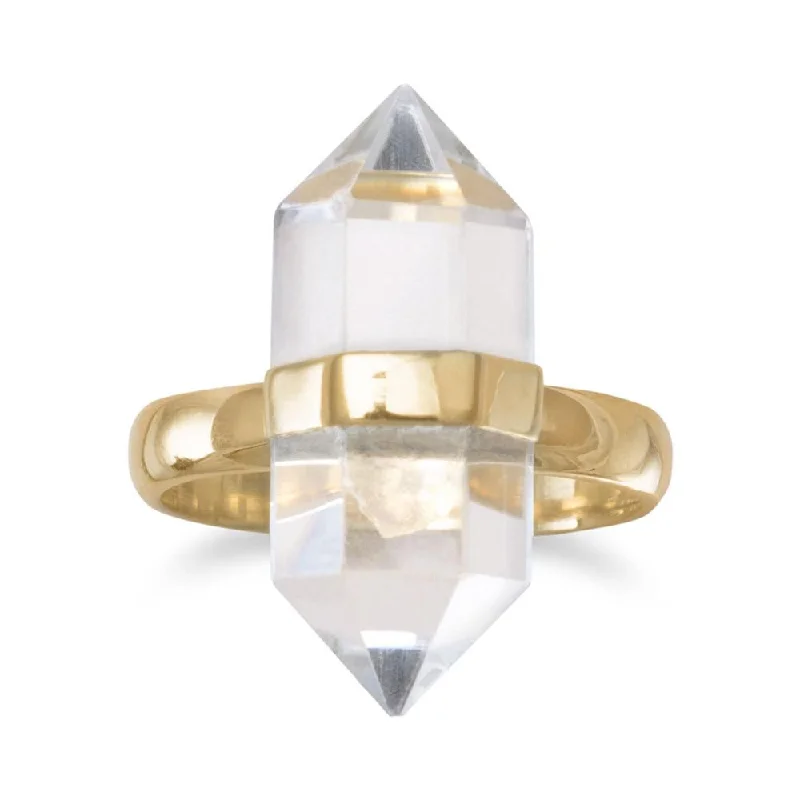 Ladies fiery topaz rings -Sterling Silver 14k Gold Plated Clear Quartz Spike Pencil Cut Ring