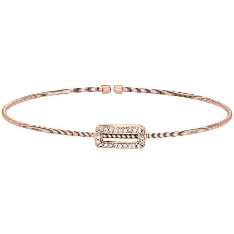 Ladies Bracelets for Engineer Shine-Rose Gold Finish Sterling Silver Cable Cuff Bracelet with Simulated Diamond Open Rectangle