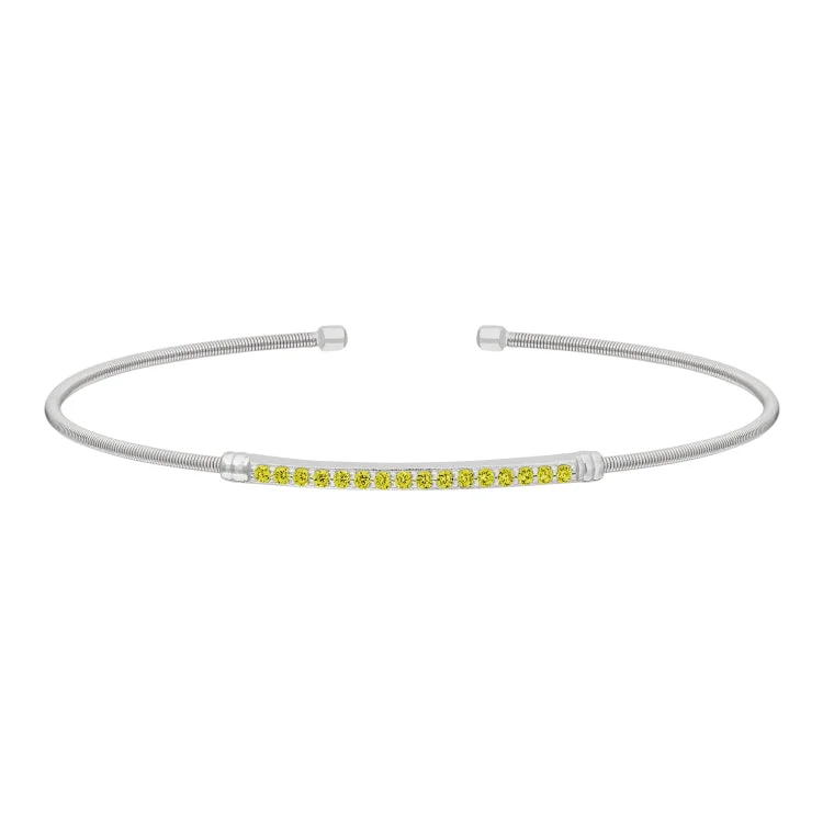 Ladies Bracelets for Activist Glow-Rhodium Finish Sterling Silver Cable Cuff Bracelet with Simulated Peridot Birth Gems - August