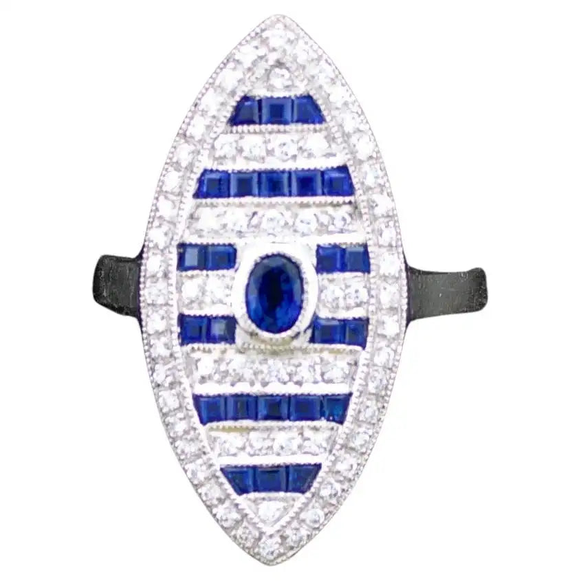 Ladies hexagon gleam rings -Diamond and Sapphire Marquise Shaped Ring in 18k