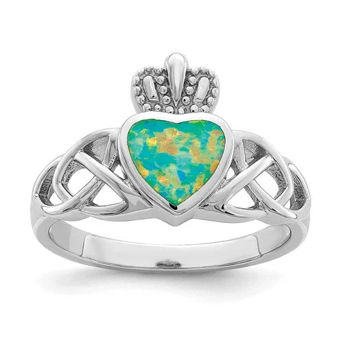 Ladies starry veil rings -Sterling Silver Lab Created Opal Heart Crown Claddagh Ring