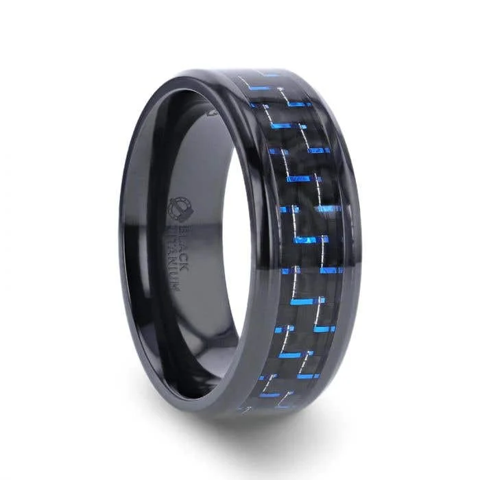 Ladies sunny yellow rings -Thorsten ZAYDEN Black Titanium Ring with Blue & Black Carbon Fiber Inlay and Bevels - 8mm