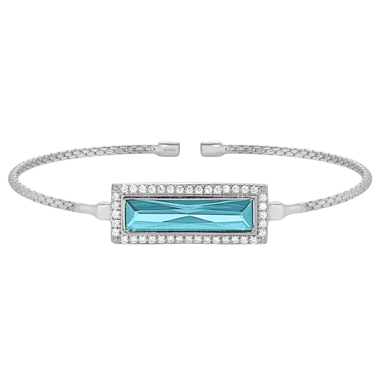 Ladies Bracelets with Crystal Glow-Rhodium Finish Sterling Silver Cable Cuff Bracelet with Rectangular Simulated Aquamarine Stone and Simulated Diamonds