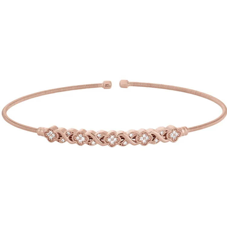 Ladies Bracelets for Elder Shine-Rose Gold Finish Sterling Silver Cable Cuff Bracelet with Simulated Diamond XO Flower Design