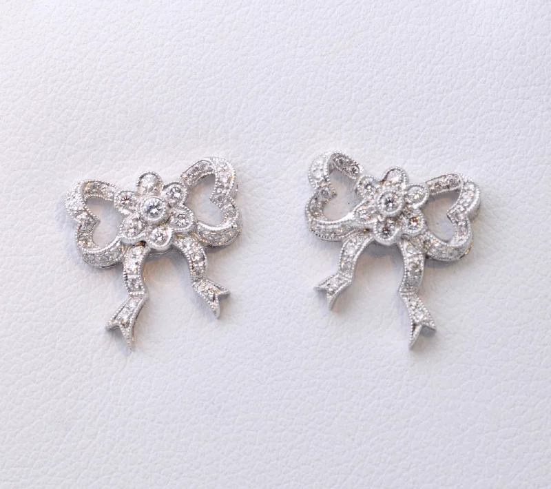 Ladies inspiring gleam earrings -Bow-shaped Diamond Post Earrings in 18K White Gold