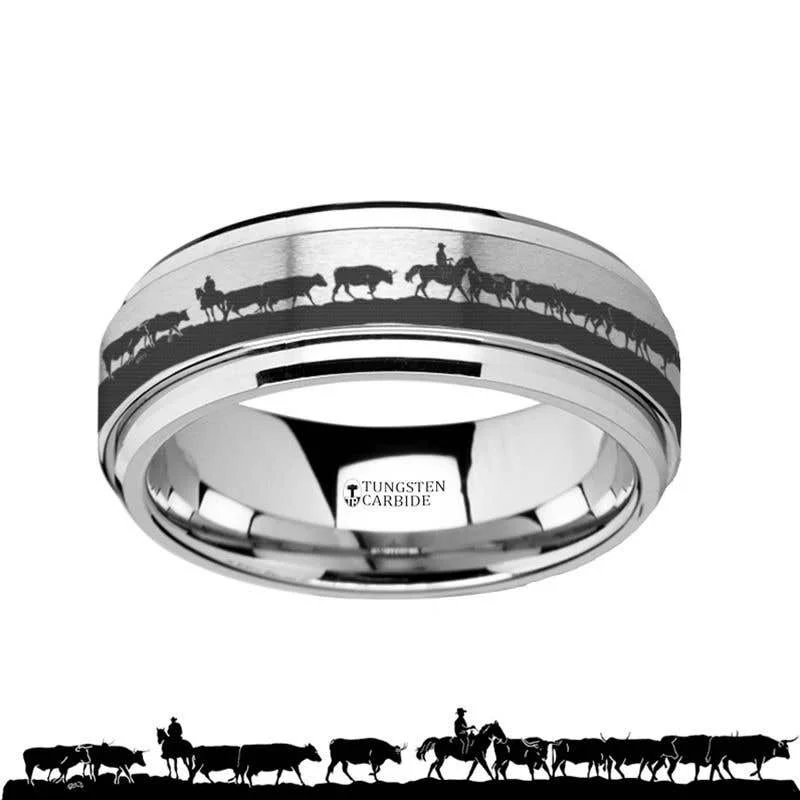 Ladies elephant wisdom rings -Thorsten Spinning Engraved Herding Cattle Tungsten Carbide Band Spinner Ring