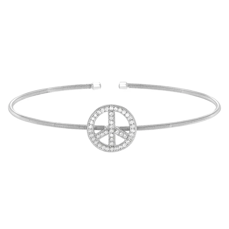 Ladies Bracelets with Blue Sapphire-Rhodium Finish Sterling Silver Cable Cuff Peace Sign Bracelet with Simulated Diamonds