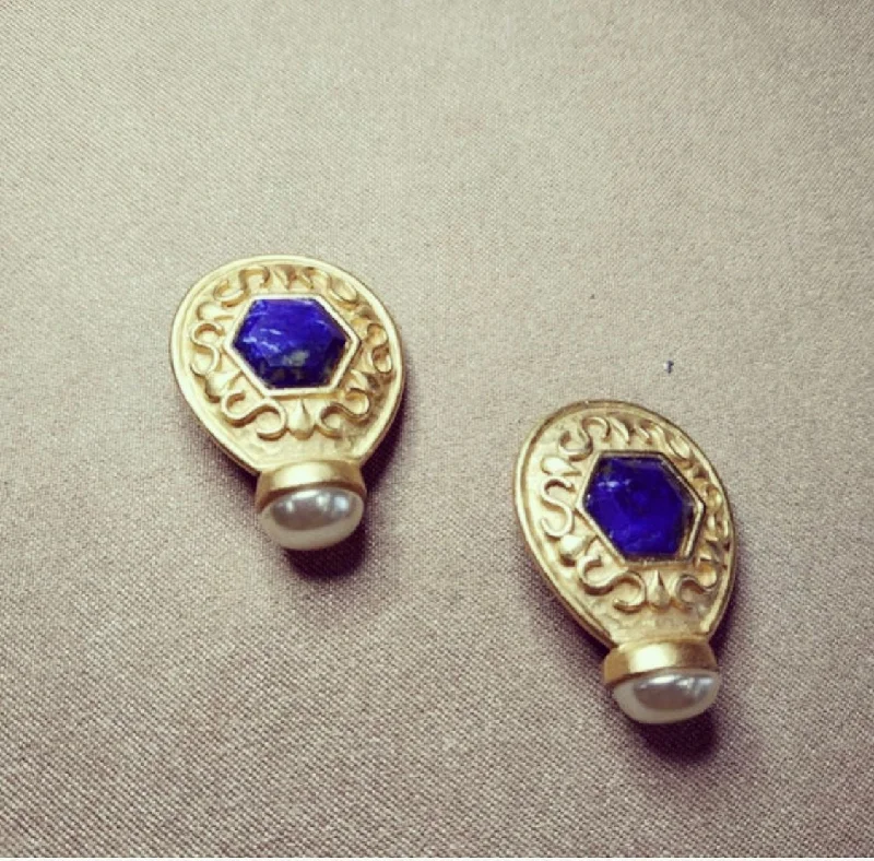 Ladies playful flair earrings -Lapis pearl Earrings by Rima Ariss Green Clip On Gold