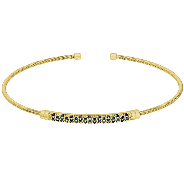 Ladies Bracelets with Vibrant Gems-Gold Finish Sterling Silver Cable Cuff Bracelet with Three Rows of Simulated Blue Sapphire Birth Gems - September