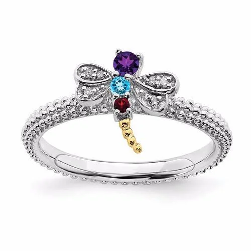 Ladies futuristic gleam rings -Sterling Silver & 14k Gold Stackable Expressions Gemstone Diamond Dragonfly Ring