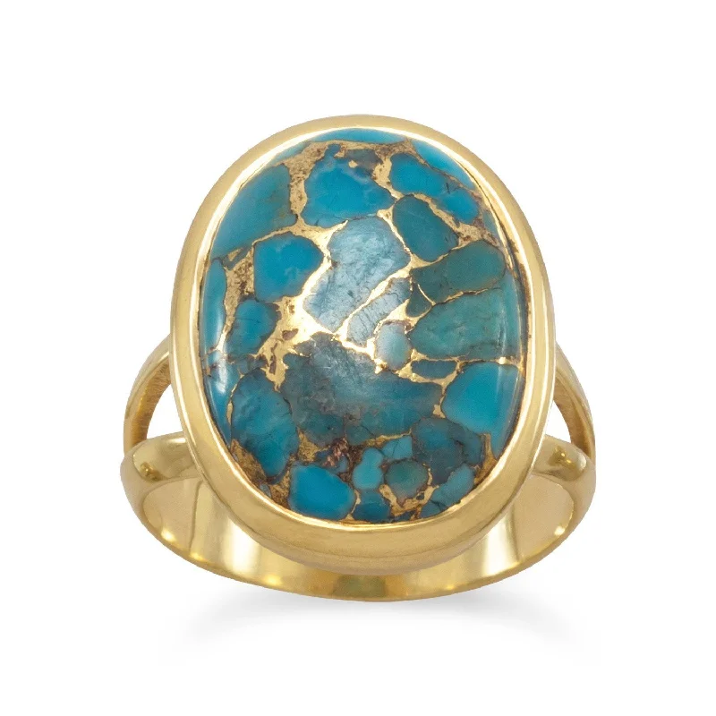 Ladies Victorian lace rings -14k Yellow Gold Plated Sterling Silver Stabilized Copper Infused 13x17mm Turquoise Ring