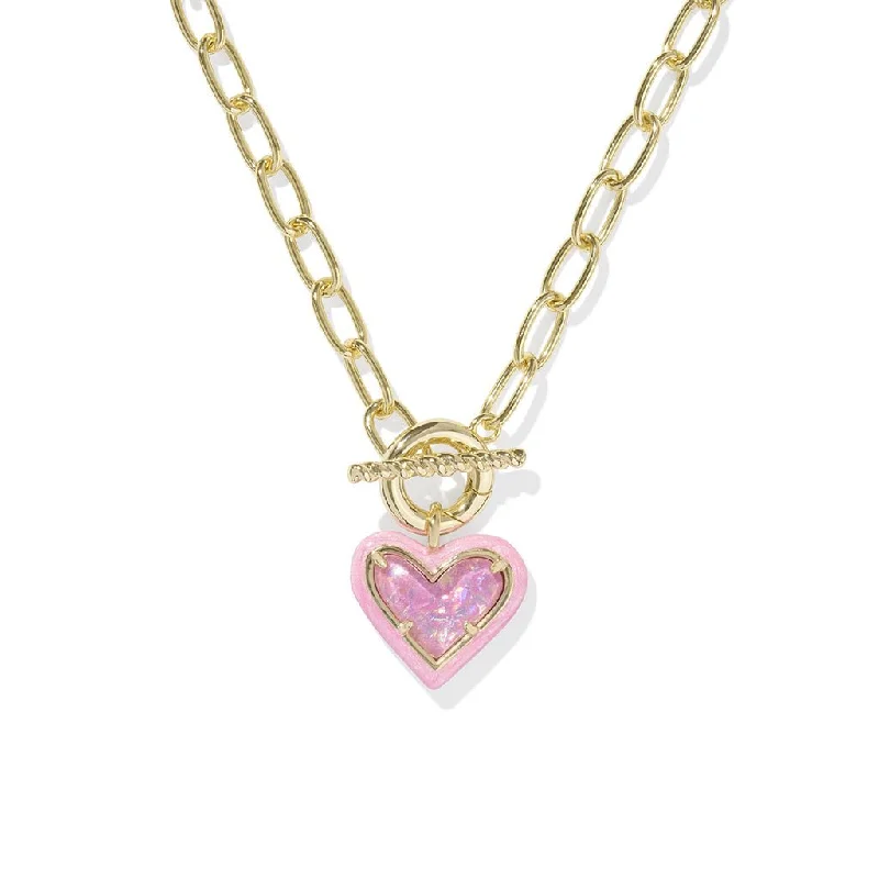 Ladies Necklaces Long Spark-Kendra Scott : Ari Heart Gold Enamel Frame Link and Chain Necklace in Pink Iridescent Glitter Glass