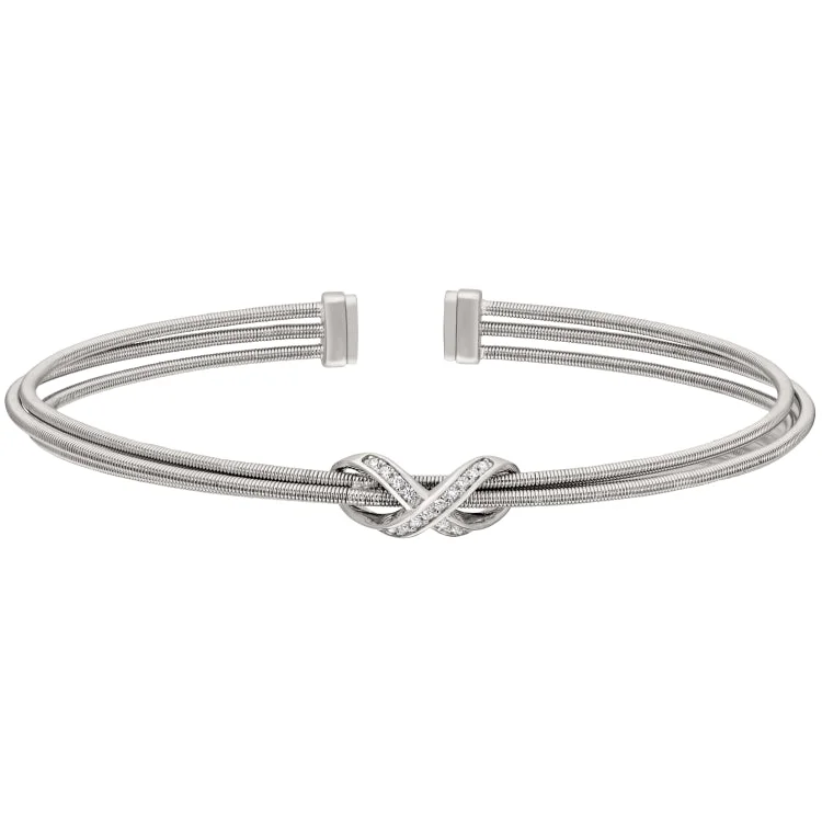 Ladies Bracelets Thick Glow-Rhodium Finish Sterling Silver Three Cable Cuff Bracelet with Rhodium Finish Simulated Diamond Infinity