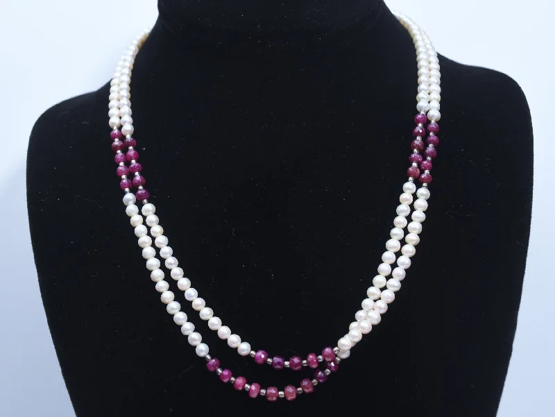 Ladies Necklaces with Etched Shine-Ruby and Pearl Double Strand Necklace