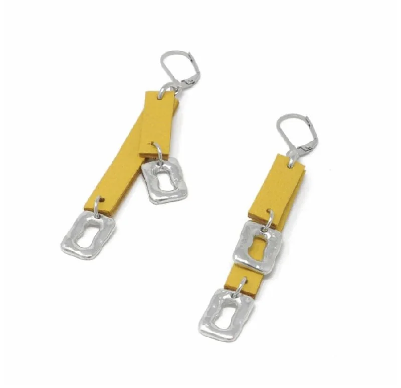 Ladies blossoming spring earrings -Sobo Double Yellow Leather and Small Ring Feature Earrings