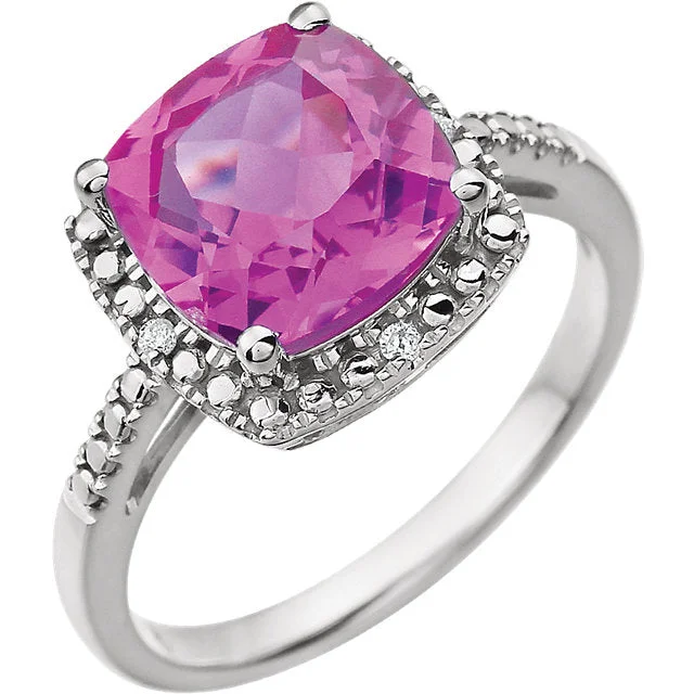 Ladies city sleek rings -14k White Gold 9mm Cushion Cut Created Pink Sapphire & Diamond Halo-Style Ring