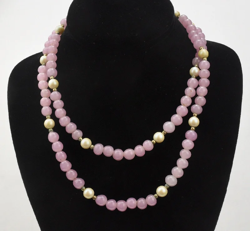 Ladies Necklaces with Deep Garnet-Pink Glass, Faux Pearl and Brass Bead Necklace - 36"