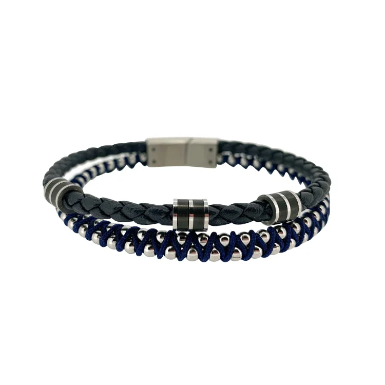 Ladies Bracelets for Explorer Shine-Navy Blue Leather 2 Cord Bracelet With Stainless Steel Beading