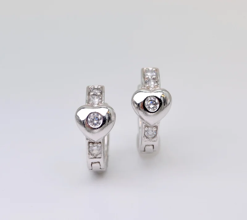 Ladies lone stone earrings -Sterling Silver and Cubic Zirconia Heart Huggies Earrings