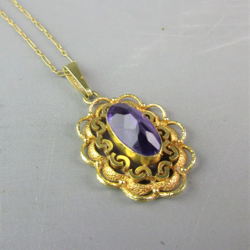 Ladies Necklaces for Design Spark-9K Gold Amethyst Stone Floral Pendant Necklace Vintage c1980