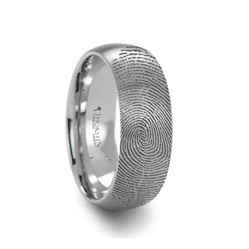 Ladies cosmic vision rings -Thorsten Fingerprint Ring Engraved Domed Tungsten Ring Brushed Ring - 4mm to 12mm