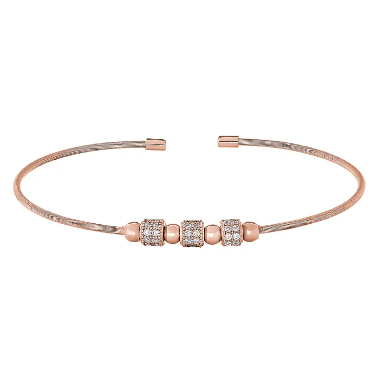 Ladies Bracelets with Yellow Xenotime-Rose Gold Finish Sterling Silver Cable Cuff Bracelet with Three Spinning Simulated Diamond Beads