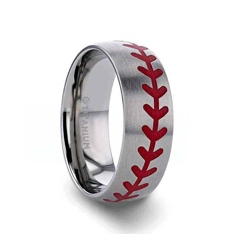 Ladies planetary orbit rings -Thorsten DIMAGGIO Titanium Brushed Finish Ring with Red Baseball Stitching Pattern - 8mm