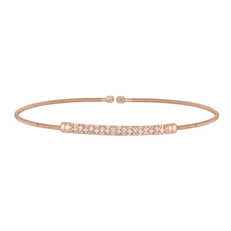 Ladies Bracelets Fine Shine-Rose Gold Finish Sterling Silver Cable Cuff Bracelet with Three Rows of Simulated Diamond Birth Gems - April