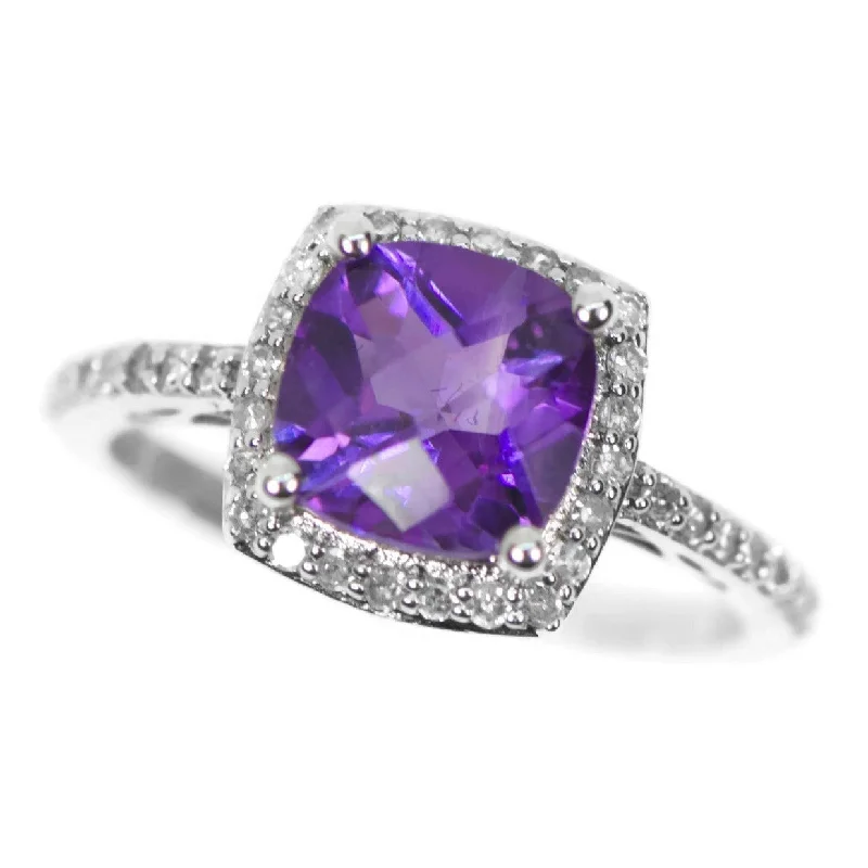 Ladies poised elegance rings -14k White Gold Cushion Amethyst and Diamond Halo Ring