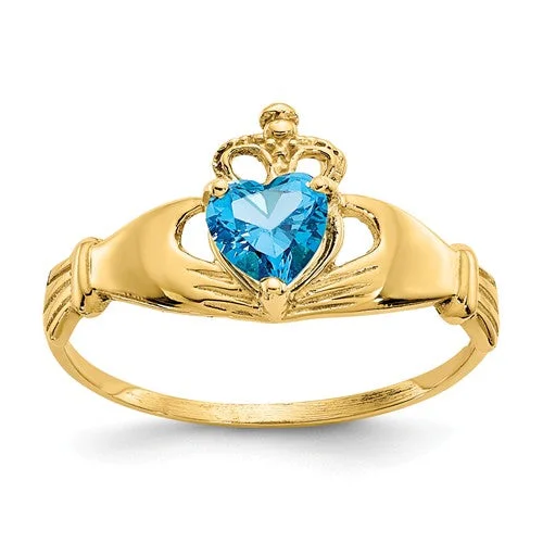 Ladies fiery topaz rings -14k Yellow Gold Blue Heart Polished Claddagh Ring