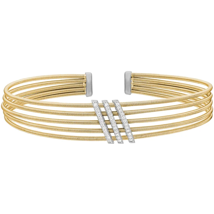 Ladies Bracelets for Niece Glow-Gold Finish Sterling Silver Multi Cable Cuff Bracelet with Rhodium Finish Simulated Diamond Three Diagonal Bars