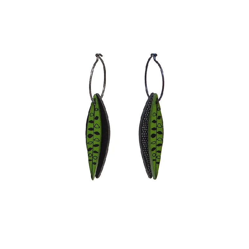 Ladies rustic leather earrings -Lene Lundberg Black/Green Veined Leaf Earrings