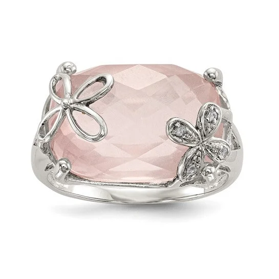 Ladies playful acrylic rings -Sterling Silver Rose Quartz and White Sapphire Floral Ring