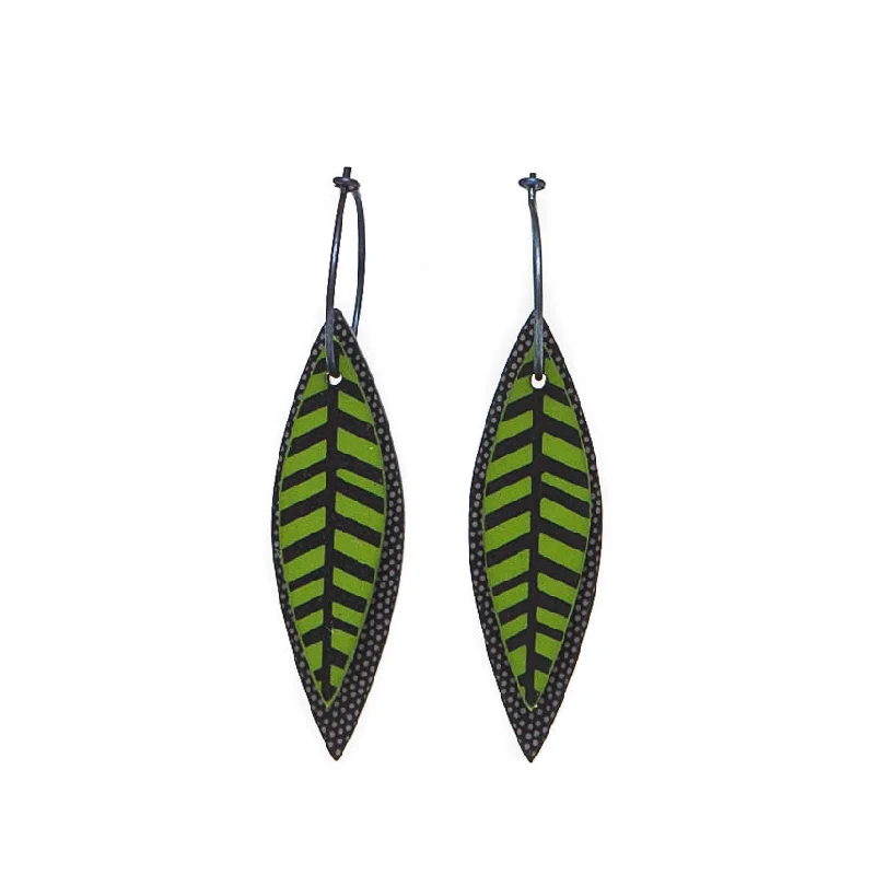 Ladies wispy threader earrings -Lene Lundberg Black/Green Veined Leaf Earrings