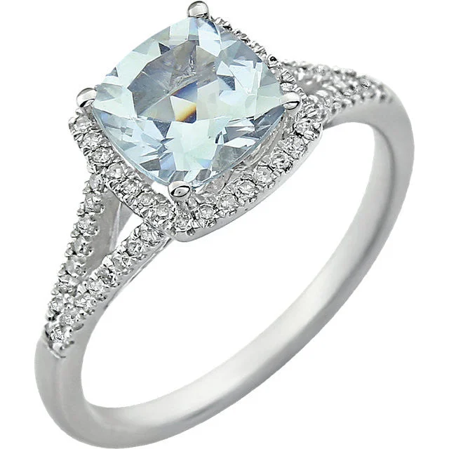 Ladies canine loyalty rings -14K White Gold 7mm Cushion Cut Aquamarine & Diamond Halo Ring