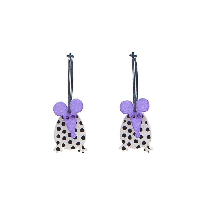 Ladies strong spirit earrings -Lene Lundberg K-Form White and Black Spotty Lilac Head Mice Earrings