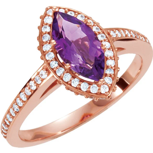 Ladies woven craft rings -14K Rose Gold Marquise Amethyst & 1/3 CTW Diamond Ring