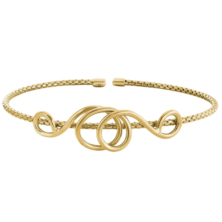 Ladies Bracelets for Festive Shine-Gold Finish Sterling Silver Corean Cable Cuff Bracelet with a High Polished Central Swirl