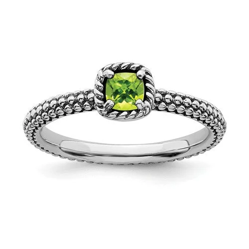 Ladies empowering glow rings -Sterling Silver Stackable Expressions Checker-Cut Cushion Peridot Antiqued Ring