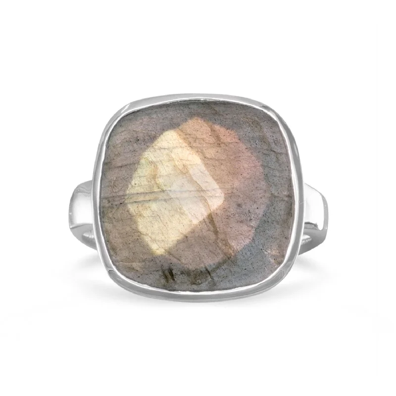 Ladies carefree boho rings -Sterling Silver Large Checkerboard Faceted Cushion Cut Labradorite Ring